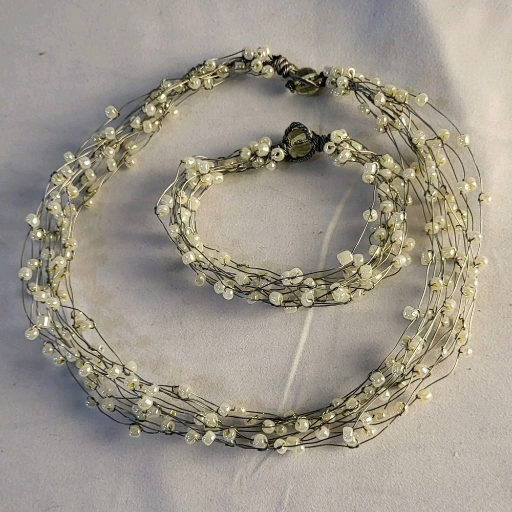 Faux Pearls On Wire 15" Choker And 8" Bracelet Set Y2K